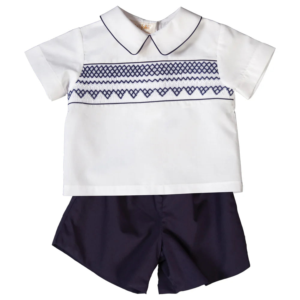 White & Navy Blue English Smocked Short Set