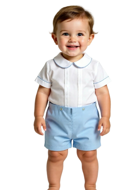 White & Blue Pete Pan Collar Button-On Short Set