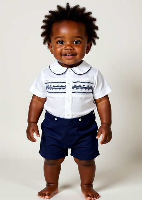 White / Navy Blue Smocked Button-On Short Set