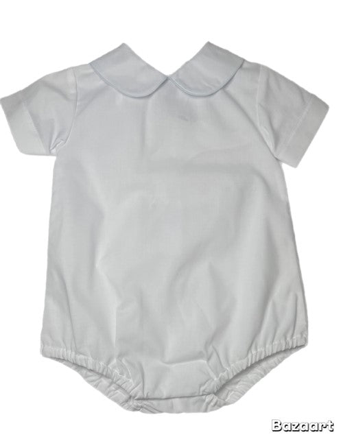White short sleeve boy bubble with Light Blue Trim peter pan collar