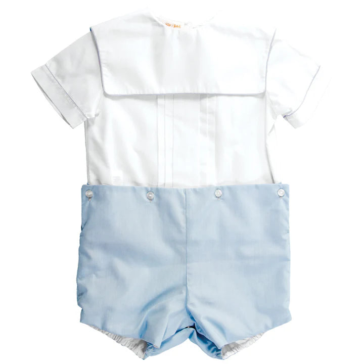 White & Blue Square Collar Button-On Short Set