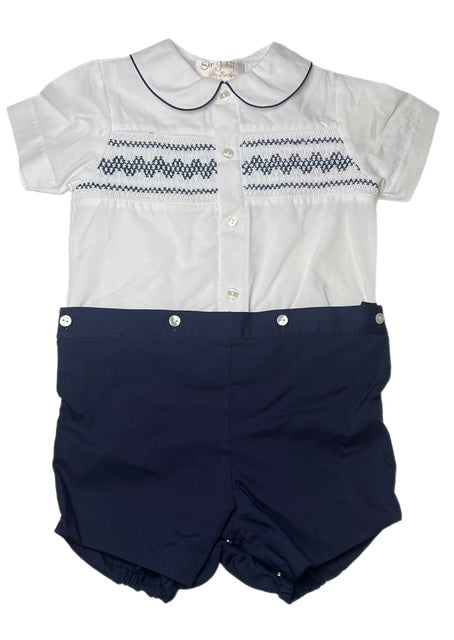 White / Navy Blue Smocked Button-On Short Set