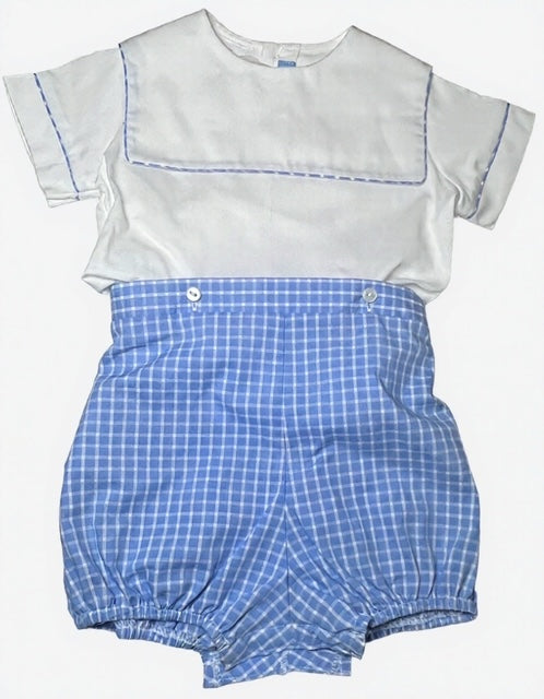 White & Blue Square Colar Button On Shortall
