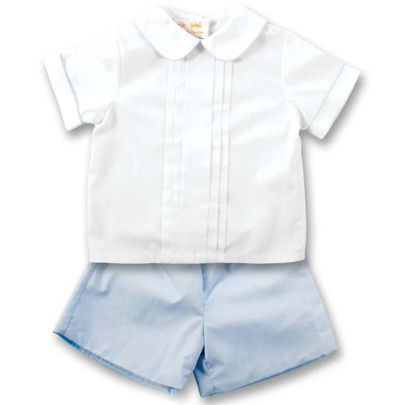 White & Blue Two-Piece Pleated Short Set