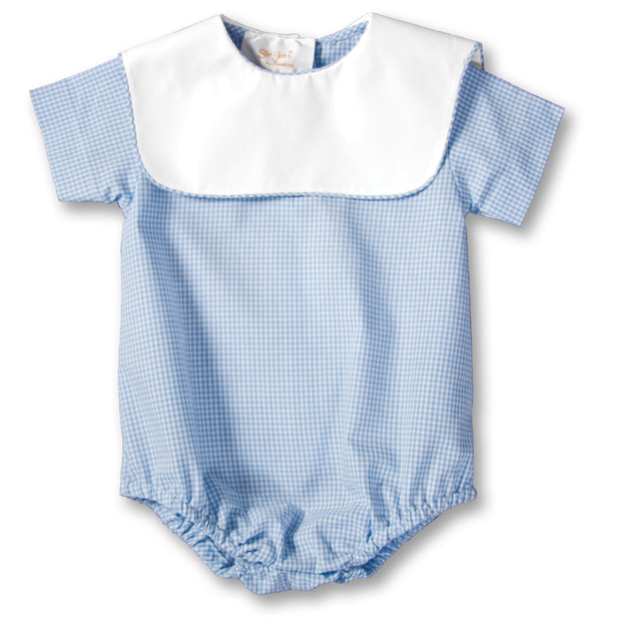 Blue Gingham Baby Boy Romper/Personalized Bib Collar