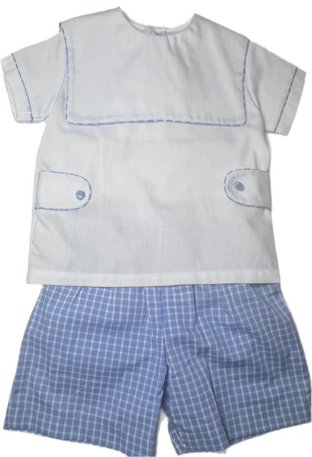 White & Blue Trim Top with Gingham Shorts Set