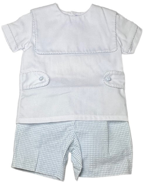 White & Light Blue Trim Top with Light Blue Gingham Shorts Set