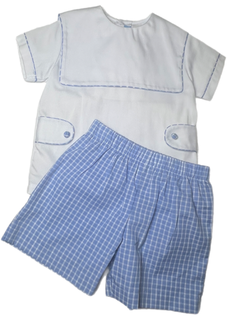 White & Blue Trim Top with Gingham Shorts Set