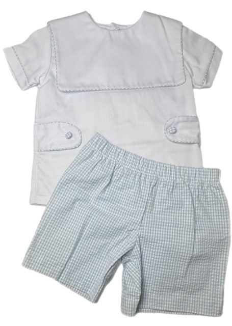 White & Light Blue Trim Top with Light Blue Gingham Shorts Set